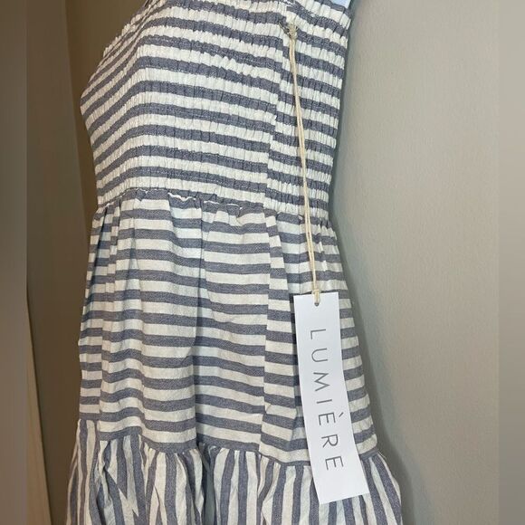 LUMIERE Urban Outfitters Stripe Smocked Blue & White Babydoll Dress Size Large - Picture 6 of 13